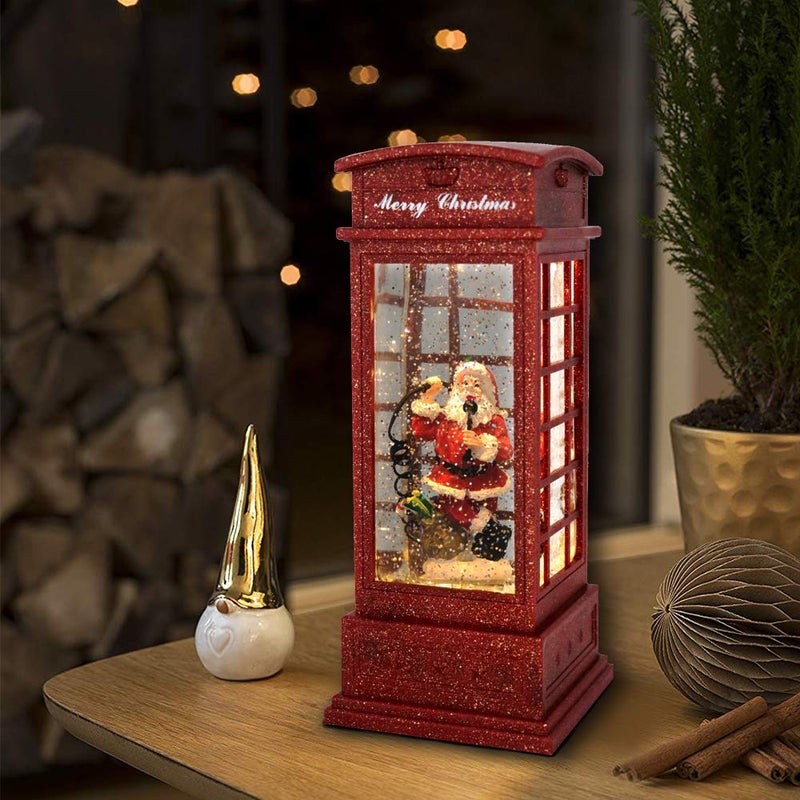 Eldnacele Christmas Snow Globe Lantern Phone Booth  Swirling Water Glittering Battery Operated Festicval Ornament with Timer for Christmas Tabletop Centerpiece Home Decoration(Phone Booth) - Image 4